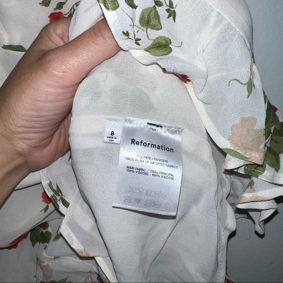 Reformation Christine Ruffled Floral-Print Maureen Mini Dress Cream Sz 8 - Picture 5 of 7